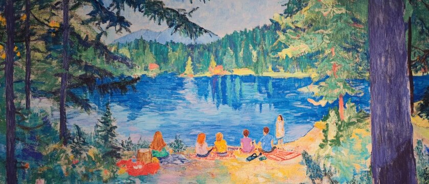 picnic summer family people park lake forest landscape happy vector weekend fun spring asian vacation outdoor holiday rest group river children background nature cartoon young party camp tent mountain