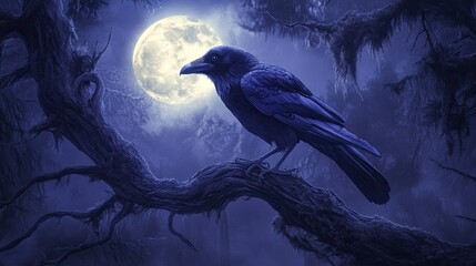 A dark-feathered raven perches on a twisted tree branch, gazing at a full moon in a shadowy forest.