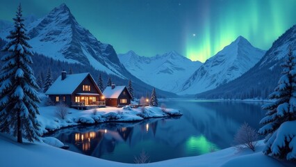 Fototapeta premium Serene Winter Wonderland Cozy Cabins nestled beside a tranquil lake, reflecting the majestic snow-capped mountains under an enchanting aurora borealis display.