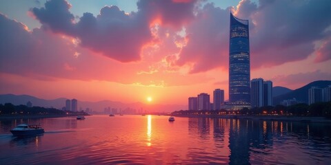 Fototapeta premium Serene Sunset Over Urban Skyline with Boats on Calm Water, Reflecting Vibrant Colors