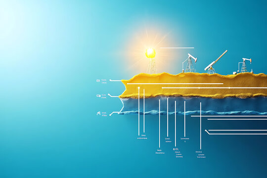 Oil extraction process visualization offshore platform infographic coastal environment aerial view energy sector dynamics
