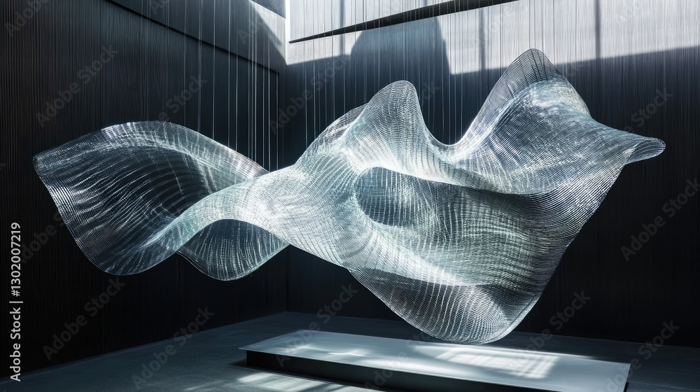 Poster a dynamic, high-tech glass-like wave element suspended in space, catching light and shadows with an 