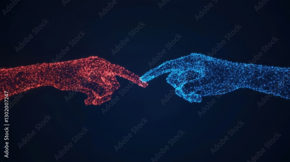 Poster digital representation of two hands reaching out with bright particles in red and blue colors on dar