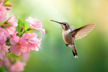 Fototapeta premium Hummingbird hovering near pink flowers. (1)