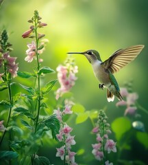 Fototapeta premium Hummingbird hovering near pink flowers.