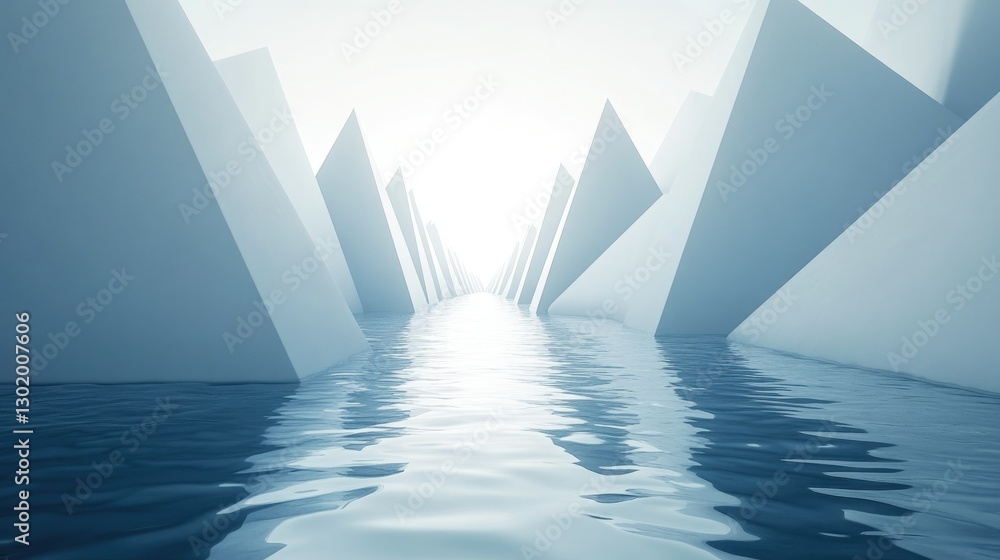 Aufkleber a futuristic 3d-rendered scene with floating white triangles and a smooth water reflection, creating