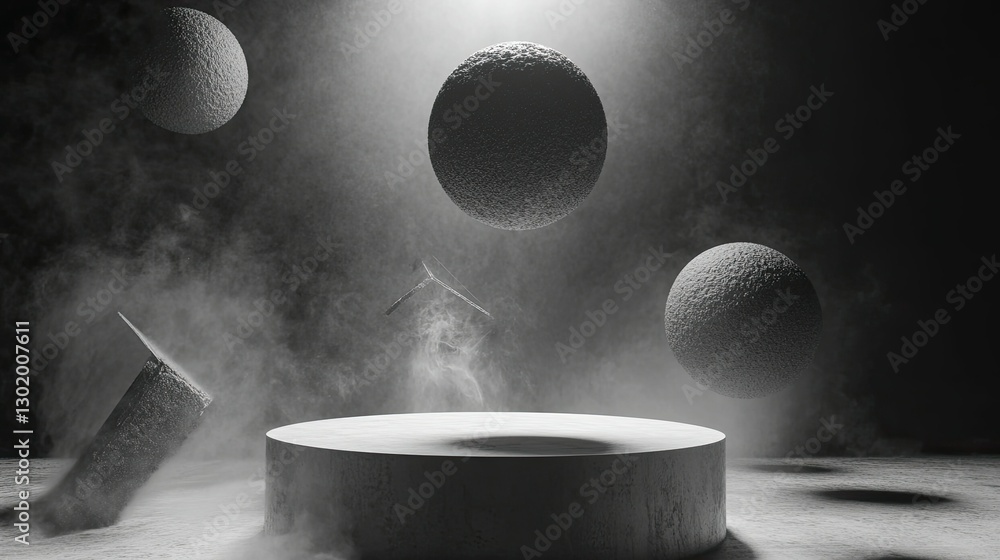 Poster a futuristic monochrome minimalist scene with floating geometric shapes and a clean white podium for
