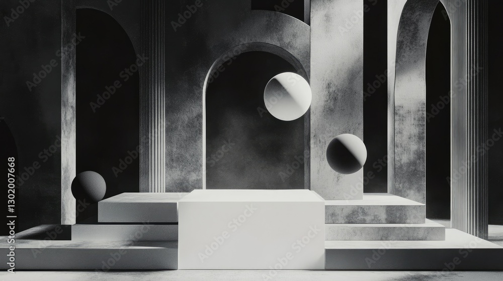 Poster a futuristic monochrome minimalist scene with floating geometric shapes and a clean white podium for