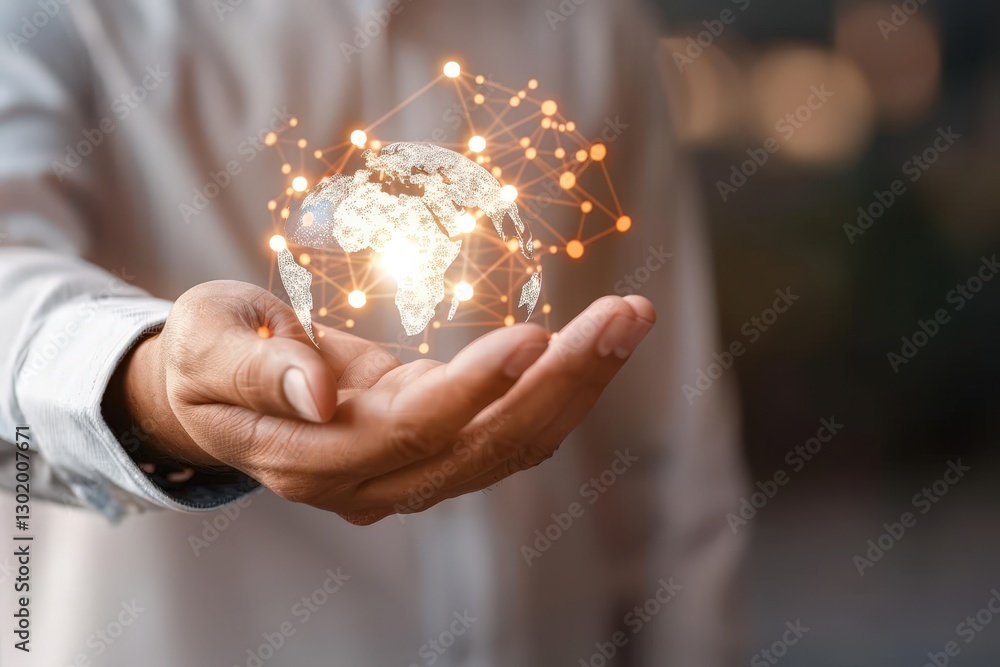 Poster digital global connection concept illustrated by hand holding glowing world with network nodes and c
