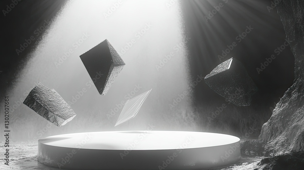 Poster a futuristic monochrome minimalist scene with floating geometric shapes and a clean white podium for