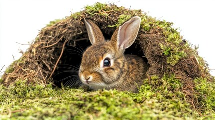 Obraz premium Cute Brown Rabbit Popping Out of Mossy Burrow in Natural Habitat