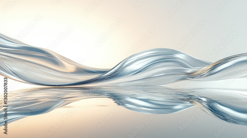 Poster a glossy, liquid-like 3d wave structure floating against a neutral abstract background with soft ref