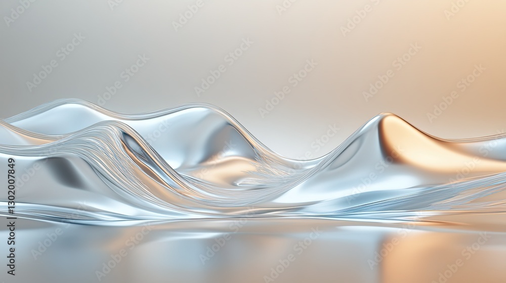 Poster a glossy, liquid-like 3d wave structure floating against a neutral abstract background with soft ref
