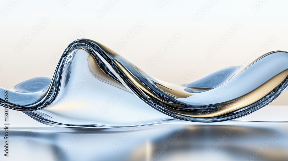 Poster a glossy, liquid-like 3d wave structure floating against a neutral abstract background with soft ref