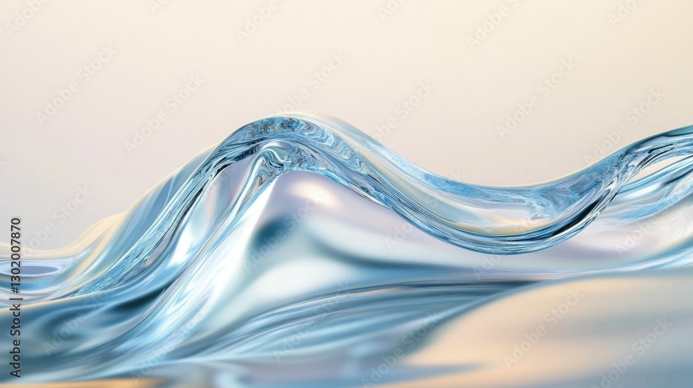 Poster a glossy, liquid-like 3d wave structure floating against a neutral abstract background with soft ref