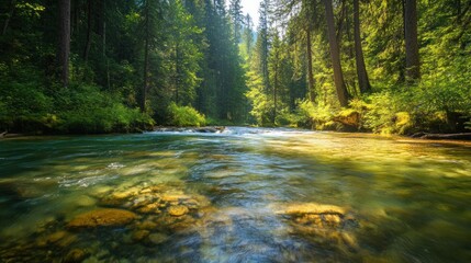 Obraz premium Serene River Flowing Through Lush Evergreen Forest