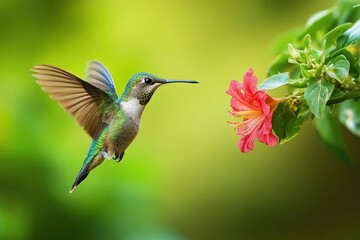 Fototapeta premium Hummingbird in flight approaching a pink flower.