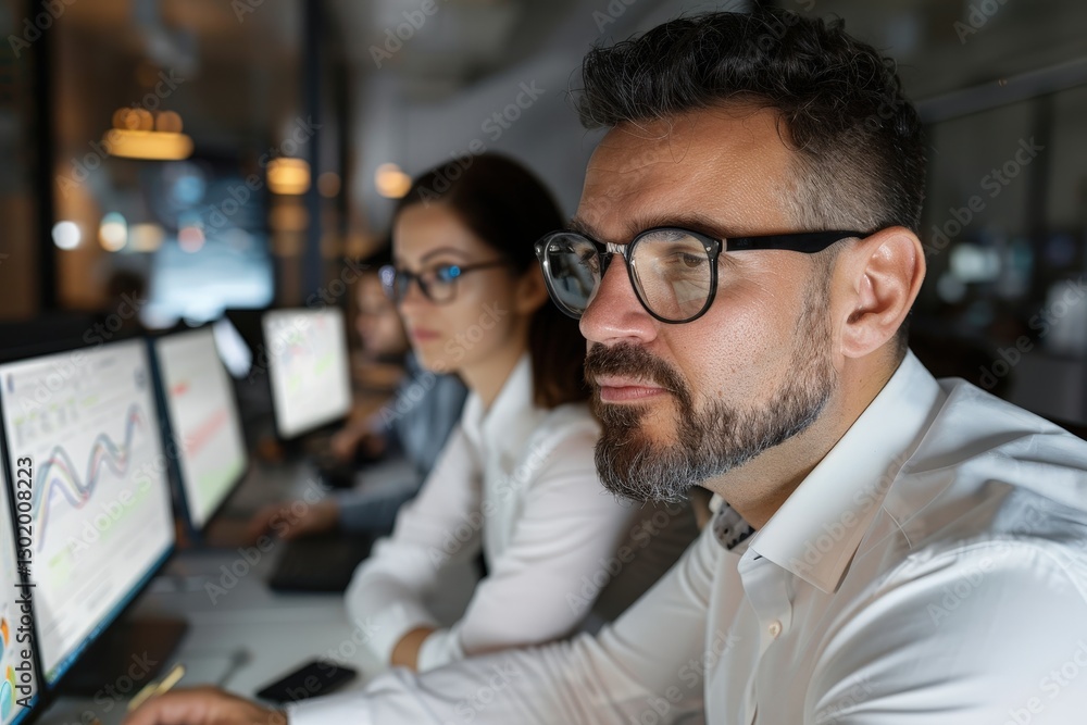 Aufkleber focused professionals analyzing data trends in a modern office with computer screens and soft lighti