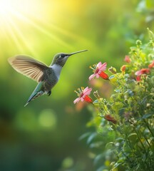 Naklejka premium Hummingbird in flight approaching pink flowers in sunlight.
