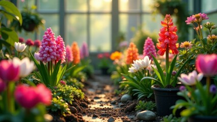 Fototapeta premium A sunlit garden path lined with vibrant hyacinths and tulips, showcasing the beauty of spring blooms in a greenhouse setting