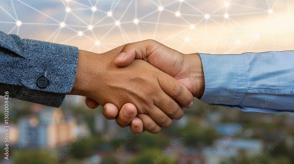 Poster two diverse hands shaking in a business partnership with a blurred cityscape and digital network con