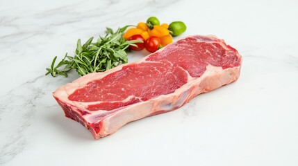 Fototapeta premium A high-quality stock image of fresh raw meat, paired with colorful ingredients on a white marble backdrop.