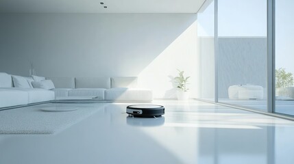 A high-tech robotic vacuum in action, cleaning dust and pet hair in a minimalist, contemporary living room.