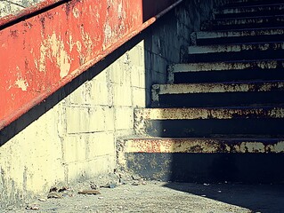 Dilapidated Urban Staircase Featuring a Rusting Metal Railing Detail