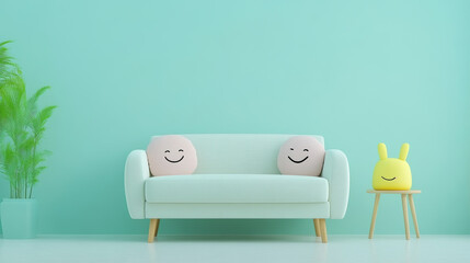 cozy living room featuring light green sofa with smiley face cushions, cheerful yellow bunny decoration, and potted plant, creating playful and inviting atmosphere