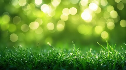Obraz premium A sun-dappled, lush green meadow with soft, blurred blades bathed in radiant light, casting a dreamy glow over the verdant landscape