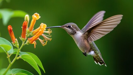 Fototapeta premium Hummingbird in flight feeding from orange flowers.