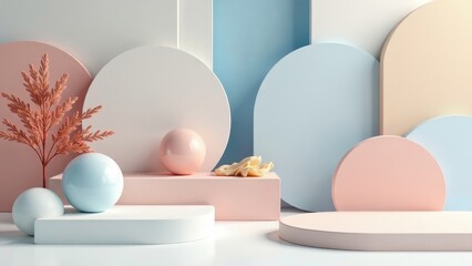 Fototapeta premium Pastel-colored cylindrical forms and spheres create a minimalist product display scene with decorative branch