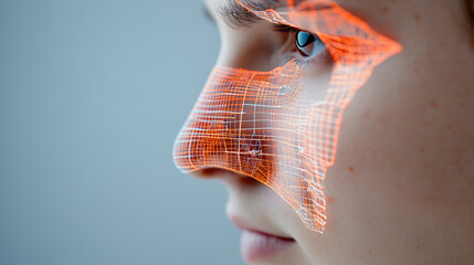 close up of person face with digital wireframe overlay, showcasing technology and innovation. image conveys sense of futuristic design and human computer interaction