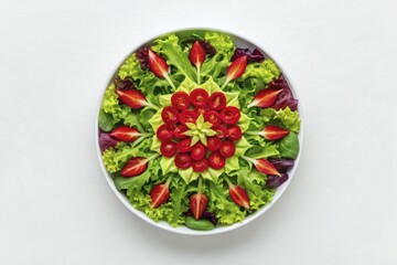 A vibrant overhead shot of a meticulously arranged salad bowl, with bright greens and reds contrasting on a clean white table.