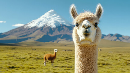 Obraz premium Close Up Portrait of a Light Brown Alpaca in an Andean Landscape