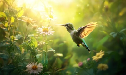 Obraz premium Hummingbird in flight, feeding on flowers in sunlight.