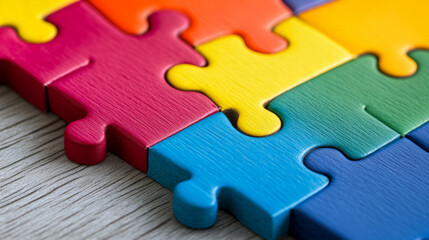 Obraz premium Colorful Interlocking Puzzle Pieces on Wooden Background