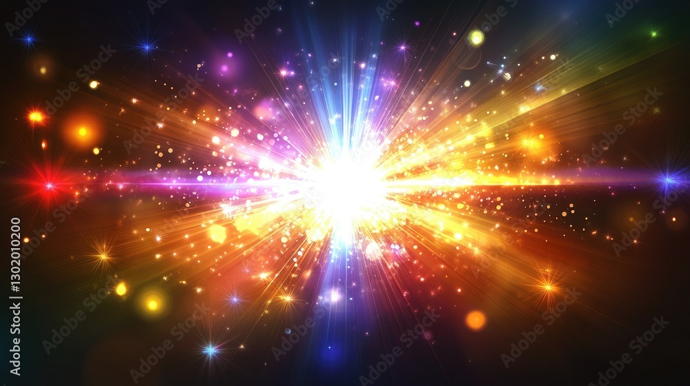 Poster a radiant explosion of multicolored light with glowing particles and streaking rays on a dark backgr
