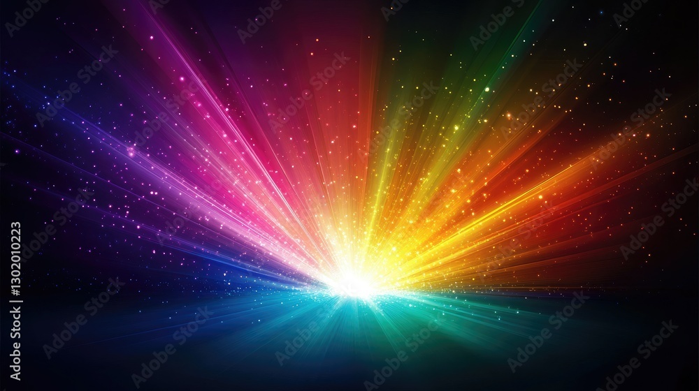 Poster a radiant explosion of multicolored light with glowing particles and streaking rays on a dark backgr
