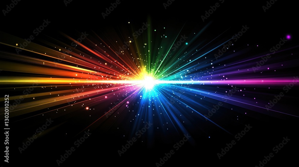 Poster a radiant explosion of multicolored light with glowing particles and streaking rays on a dark backgr