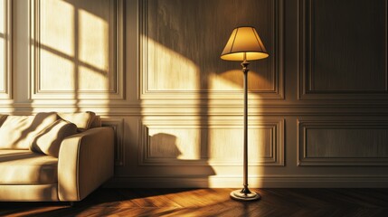 A relaxing living room ambiance with a vintage floor lamp casting long, elegant shadows.