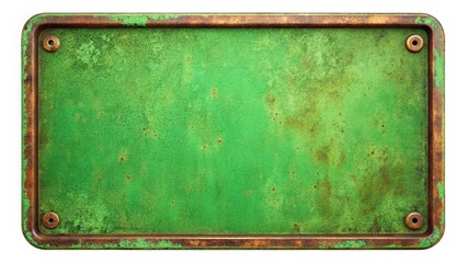 Blank Green Metal Sign with Rusty Frame, Isolated on White Background - Stock Photo