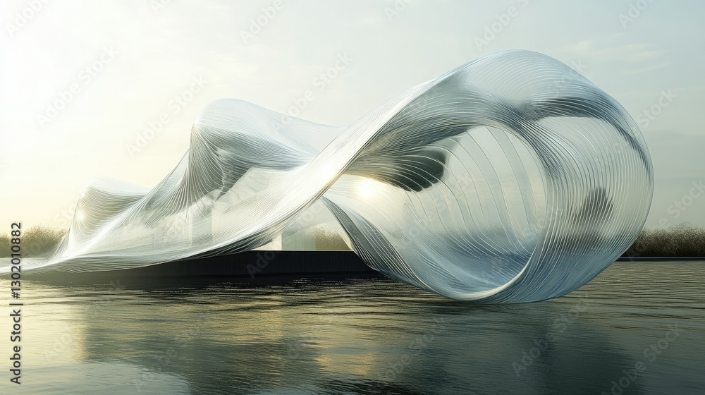 Poster a sleek, futuristic transparent wave structure in a 3d abstract setting, reflecting elegance and mov