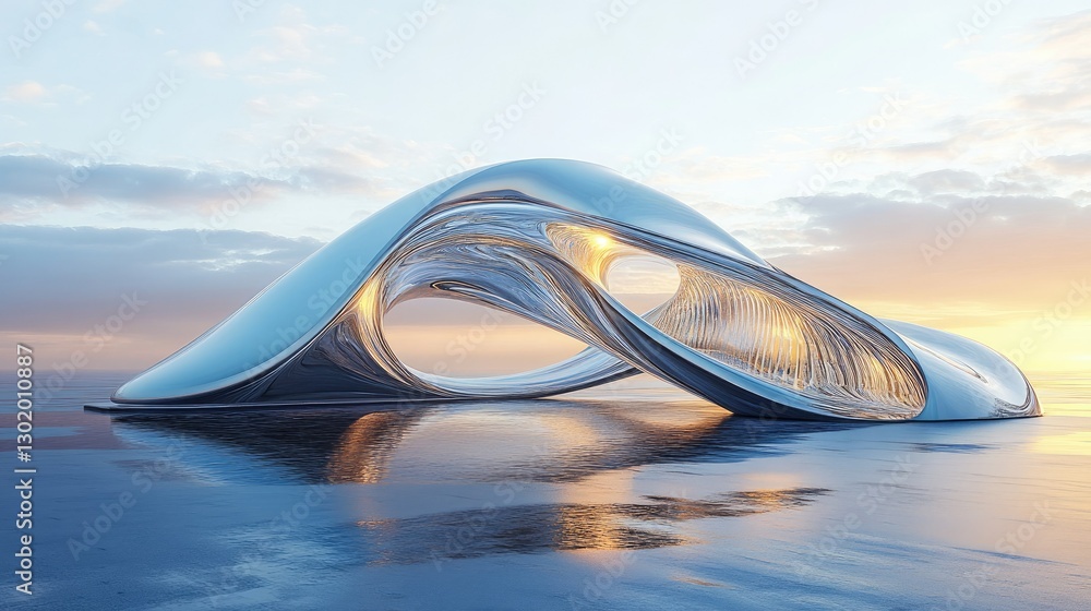 Fototapete A sleek, futuristic transparent wave structure in a 3D abstract setting, reflecting elegance and movement.
