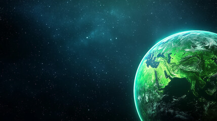 Fototapeta premium Glowing Green Planet Earth in Dark Space with Stars