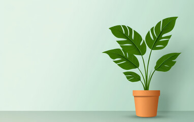 Green Monstera Plant in Terracotta Pot Against a Mint Green Wall