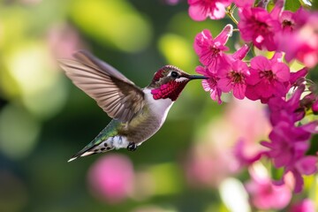 Fototapeta premium Hummingbird in flight feeding on pink flowers. (1)