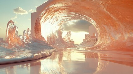 A stunning 3D-rendered liquid glass wave floating in midair, capturing reflections and distortions in a futuristic setting.