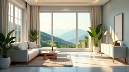 Serene Mountain View Living Room Interior Design Featuring a Cozy Sofa, Stylish Furniture, and Abundant Natural Light