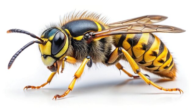 Close-up of a European Hornet (Dolichovespula sylvestris) foraging on a flower, showing intricate details of its body and wings.